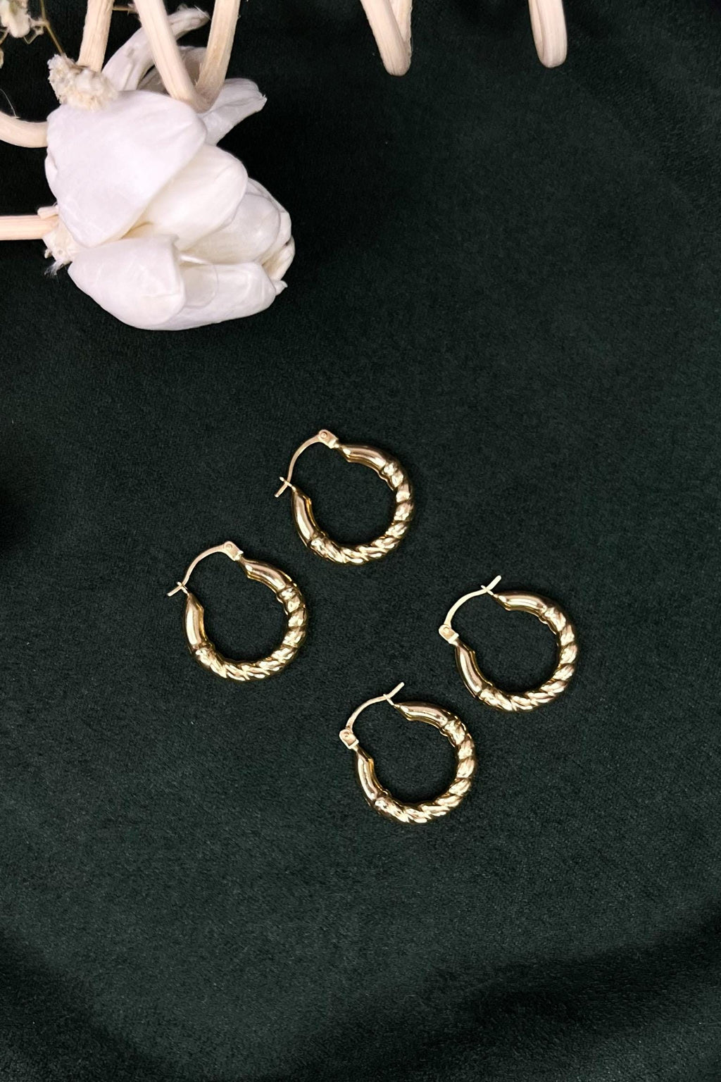 Solid Gold 18K Gold Hoop Earrings, Twisted Rope Hoop, Vintage Style Huggie Earrings