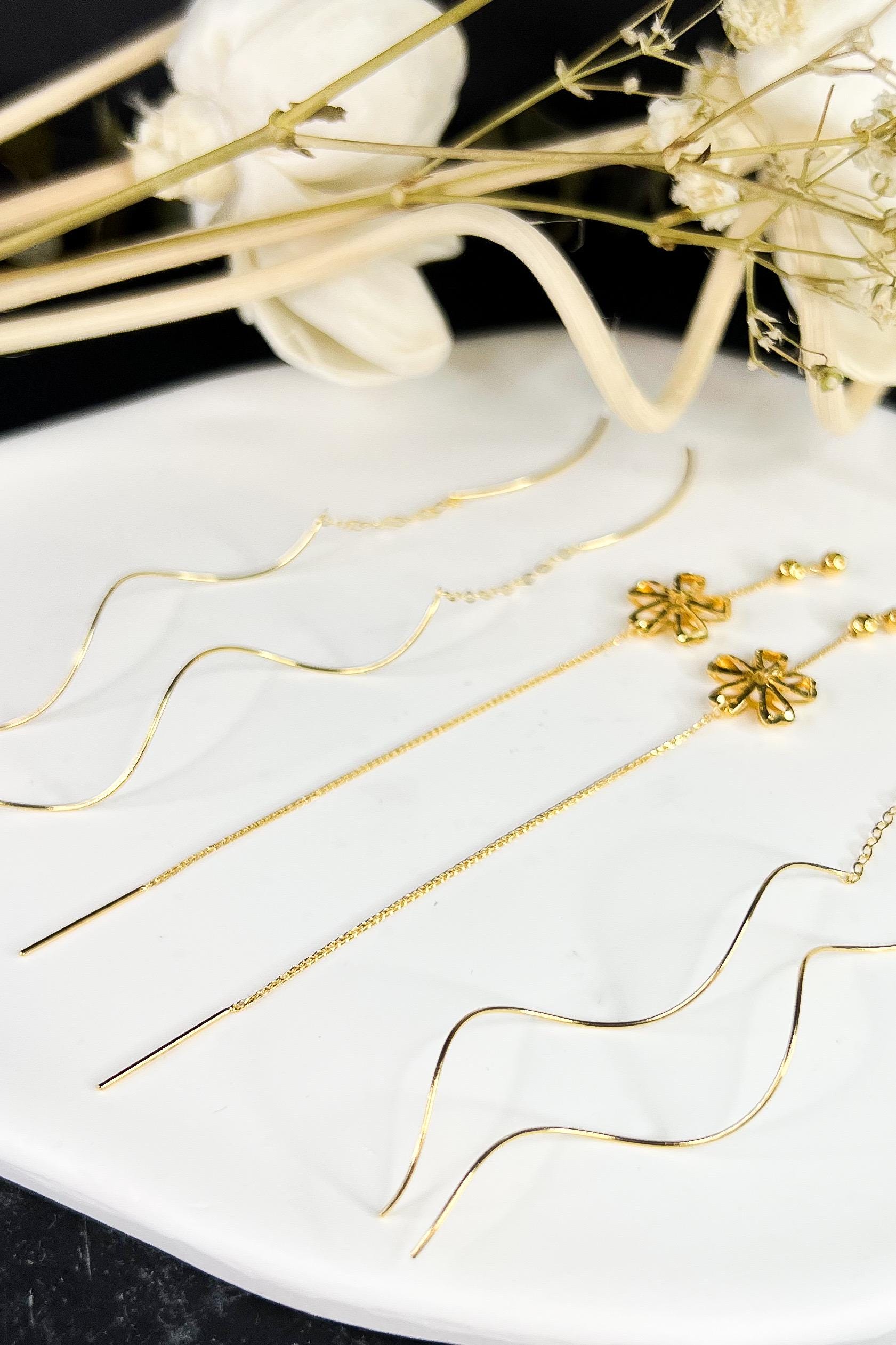 18K Solid Gold Floral Threader Earrings, Dainty Flower Dangle Earrings, Minimalist Gold Earrings, Delicate Jewelry Gift for Her