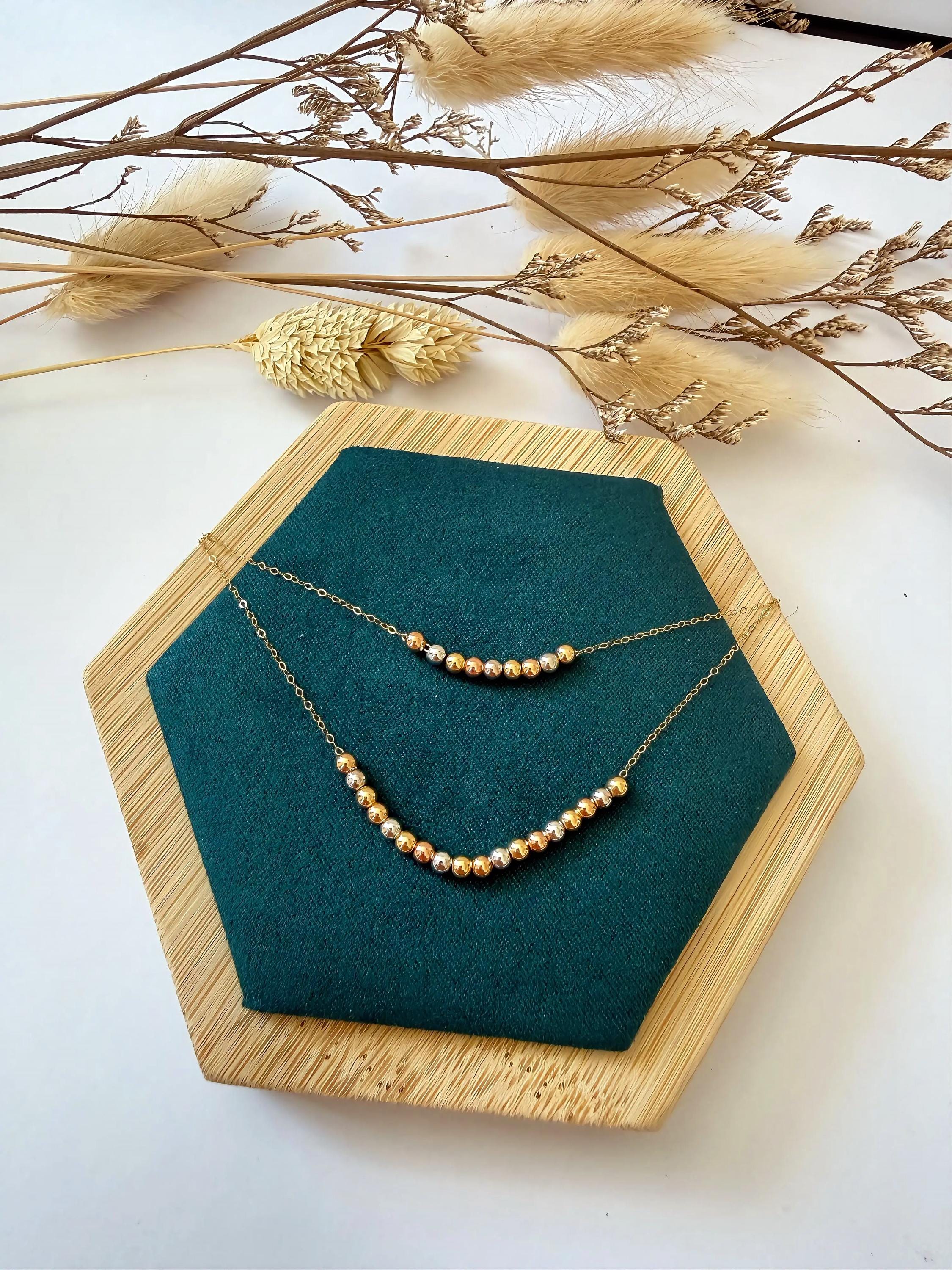 18K Solid Gold Two-tone Beaded Necklace, Minimalist Gold Chain, Petite Adjustable Necklace, Gift for Her