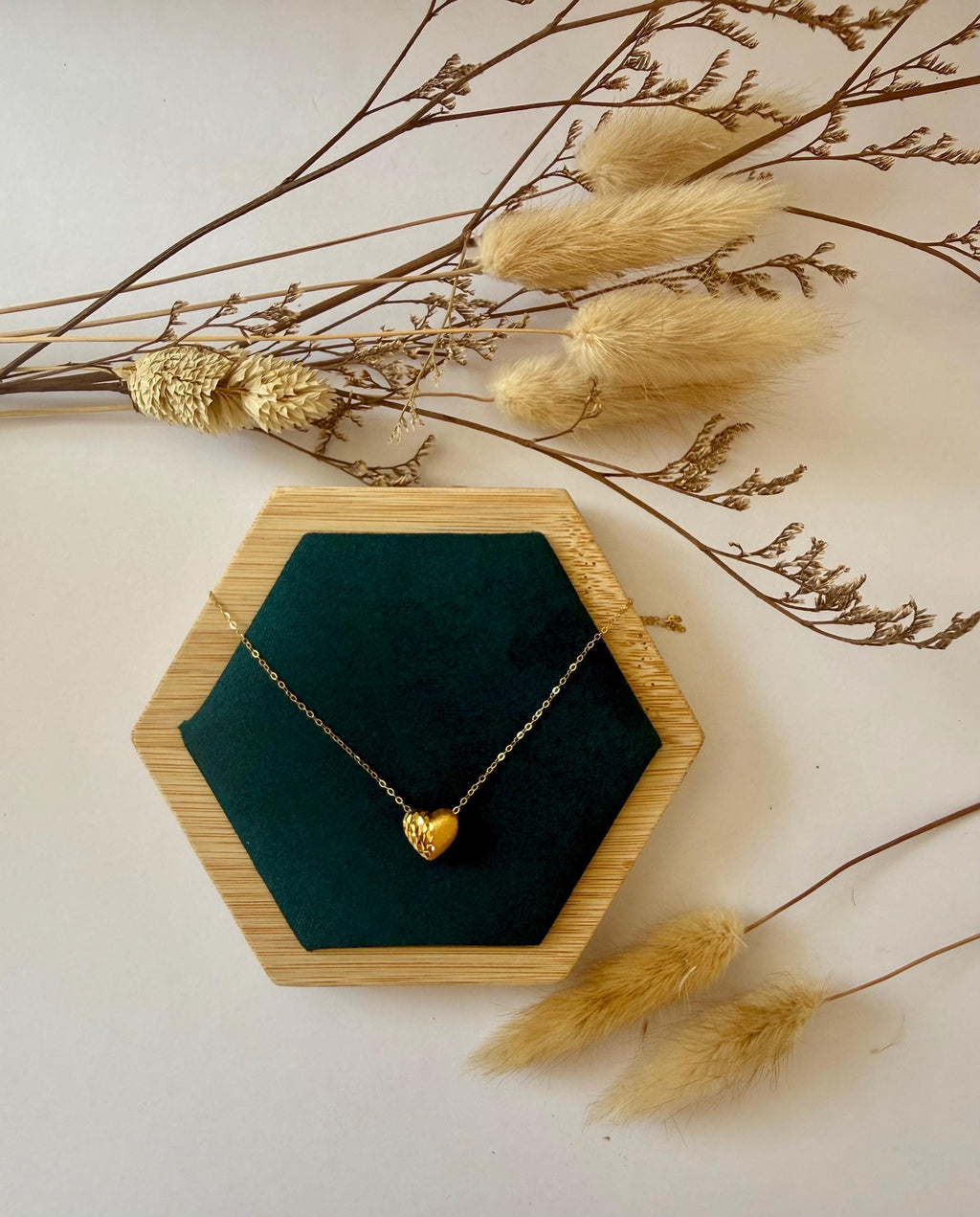 18K Solid Gold Heart Necklace – Unique Polished & Textured Pendant Necklace Adjustable Necklace, Gift for Her