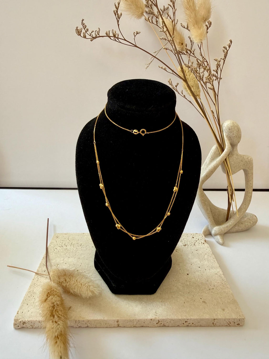 18K Solid Gold Layered Heart Necklace and Beaded Chain Necklace, Minimalist Gold Necklace, Dainty Gold Jewellery Gift for Her