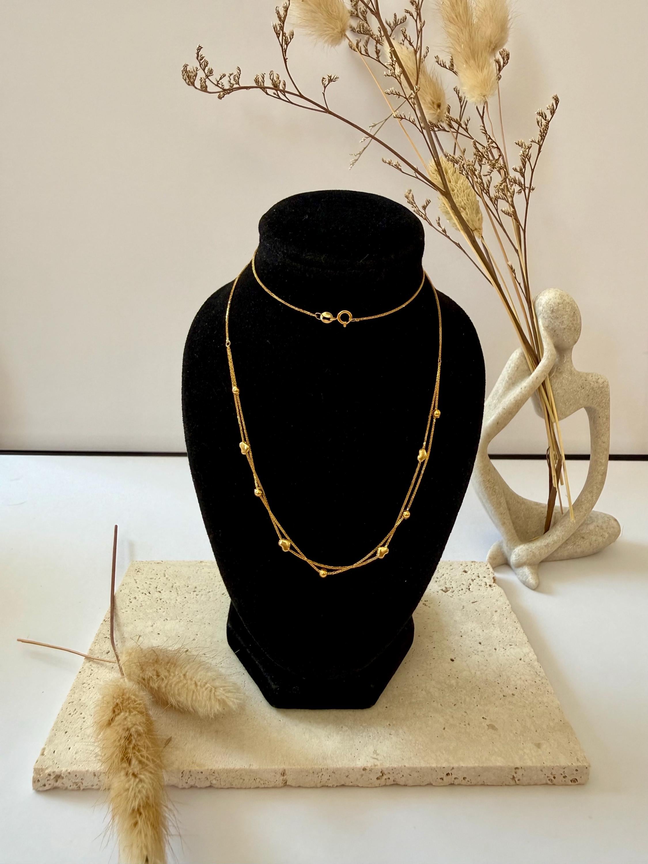 18K Solid Gold Layered Heart Necklace and Beaded Chain Necklace, Minimalist Gold Necklace, Dainty Gold Jewellery Gift for Her