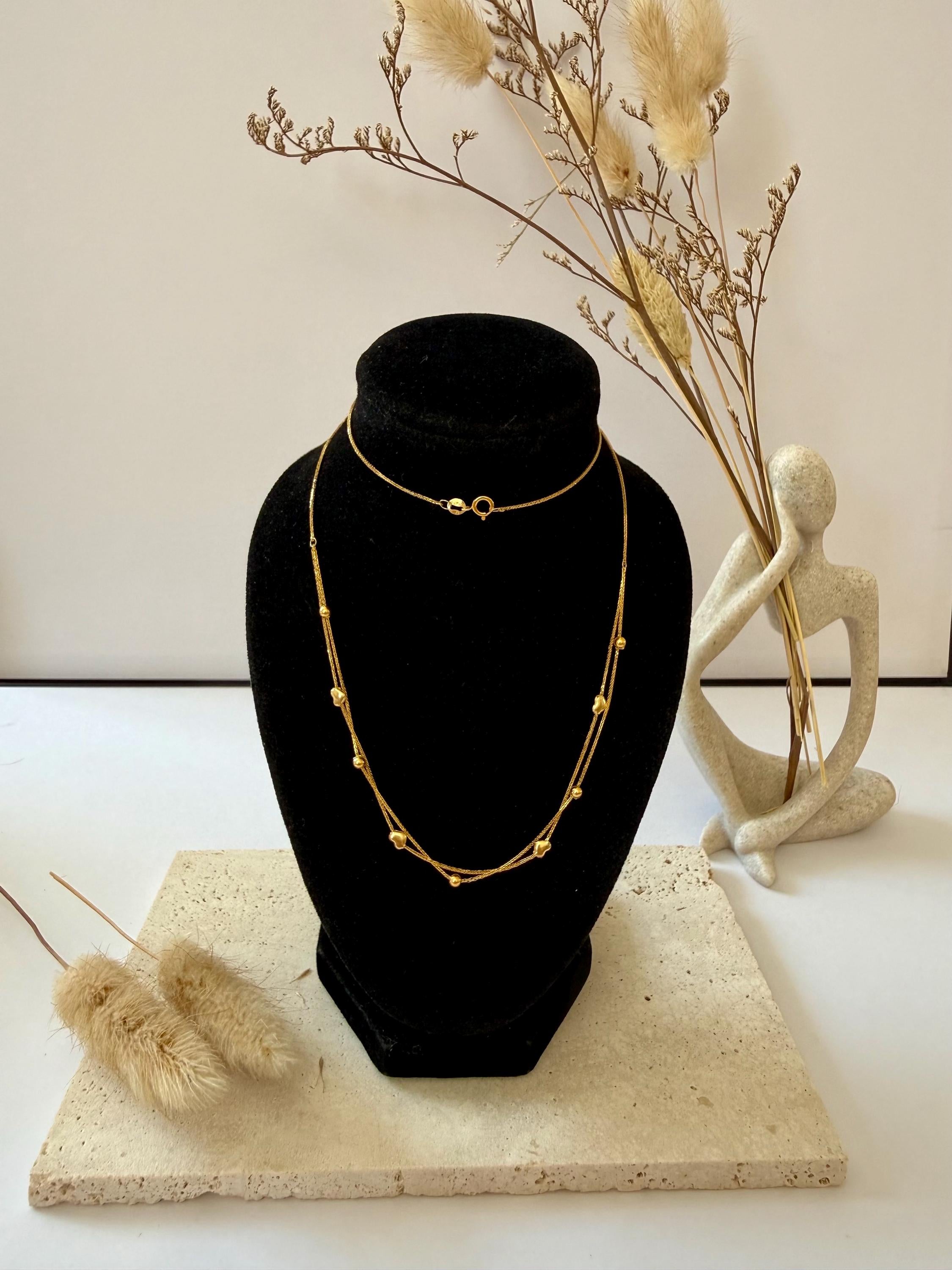 18K Solid Gold Layered Heart Necklace and Beaded Chain Necklace, Minimalist Gold Necklace, Dainty Gold Jewellery Gift for Her