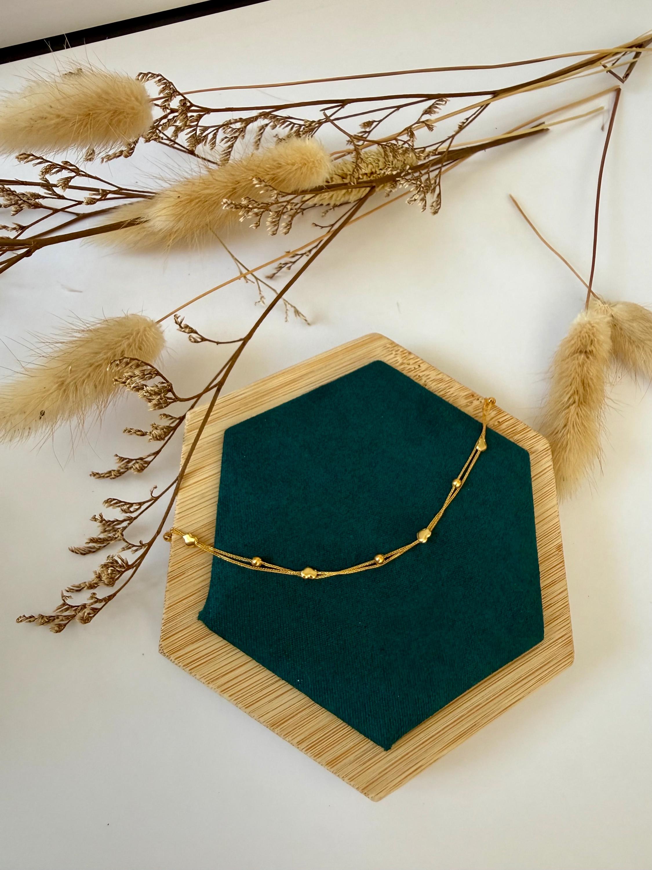 18K Solid Gold Layered Heart Necklace and Beaded Chain Necklace, Minimalist Gold Necklace, Dainty Gold Jewellery Gift for Her