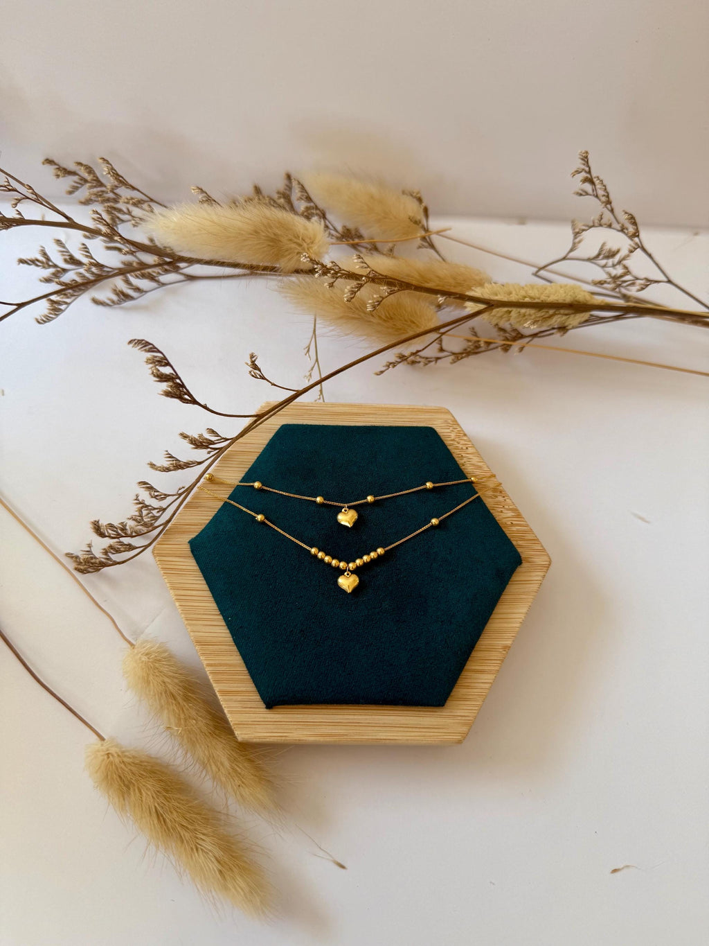 18K Solid Gold Layered Heart Necklace, Beaded Chain Necklace, Minimalist Gold Necklace 17 Inches, Dainty Gold Jewellery Gift for Her