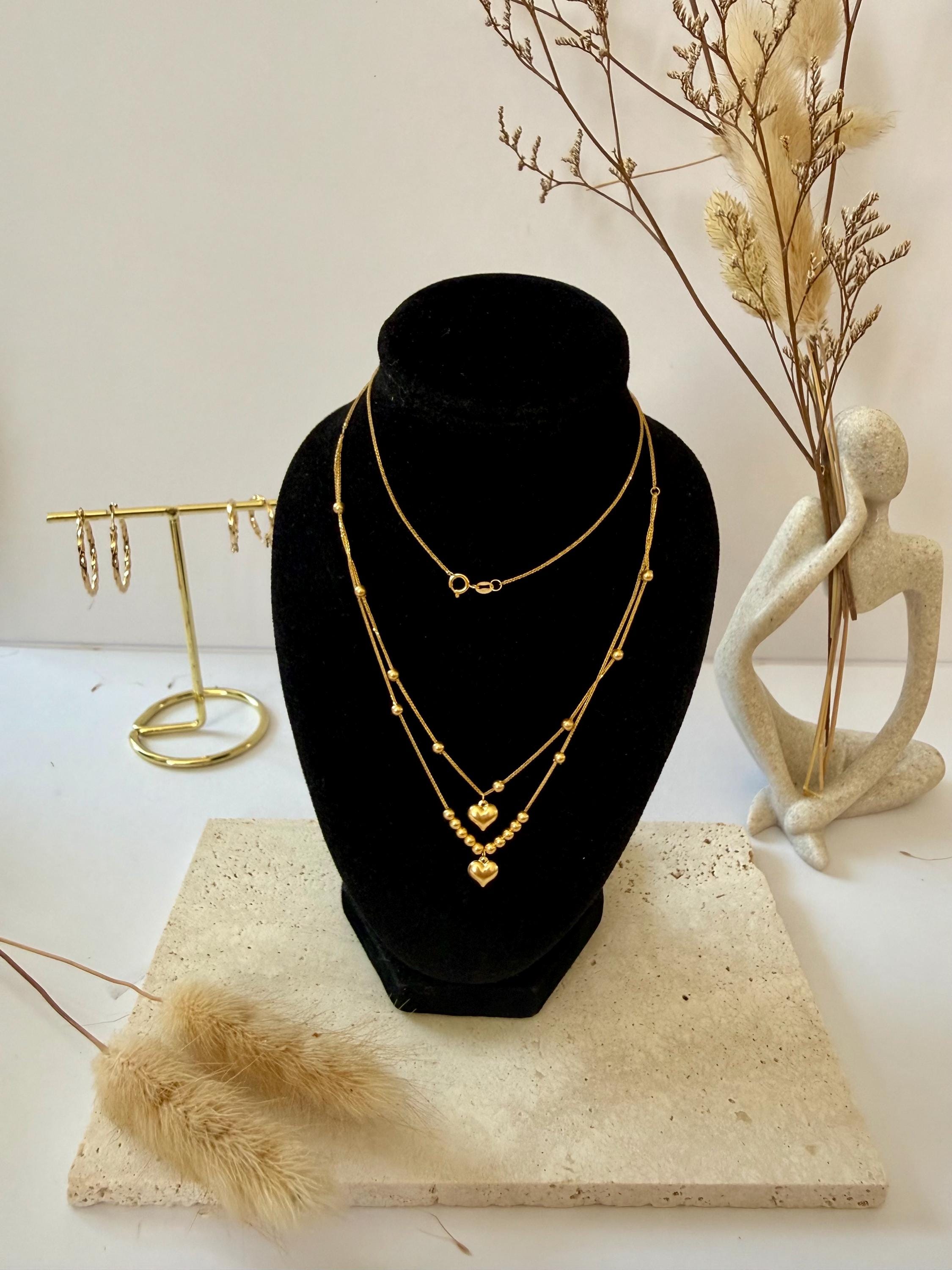 18K Solid Gold Layered Heart Necklace, Beaded Chain Necklace, Minimalist Gold Necklace 17 Inches, Dainty Gold Jewellery Gift for Her